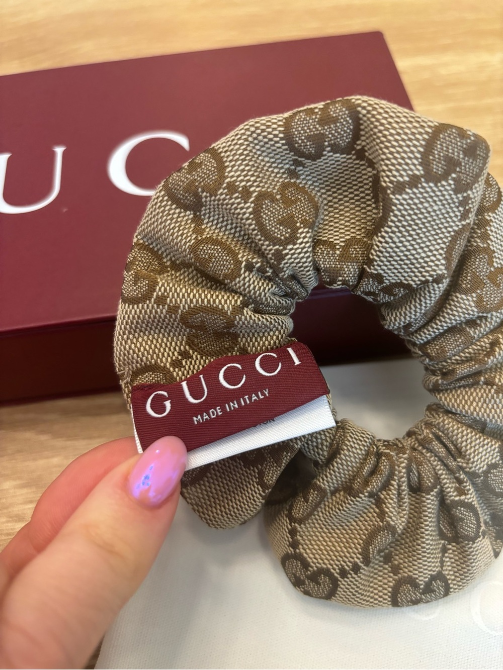 Gucci Beige and Brown Monogram Scrunchie with Gold GG Accent - Picture 2 of 6